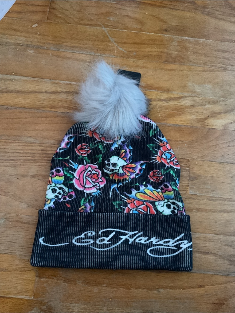 Ed Hardy  Black Floral Skull Pom Beanie